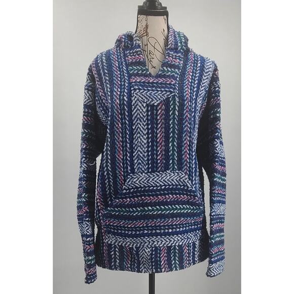 Baja Joe Mexicali poncho Hoodie Blue Size Medium Hippie surfer Boho Casual - Picture 1 of 8